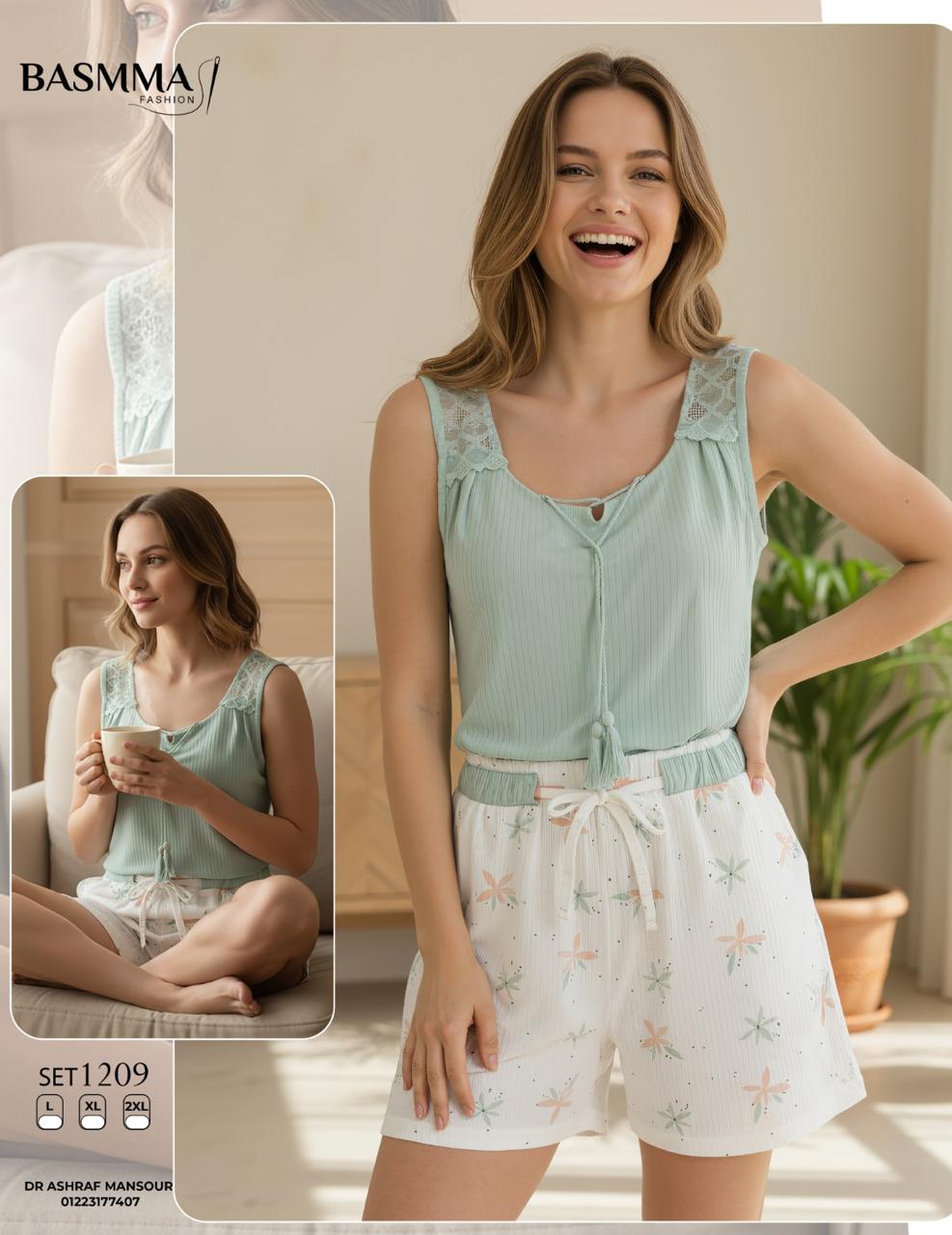 Basmma Fashion - Lace-Strap Top & Floral Shorts Set | طقم توب دانتيل وشورت مزهّر