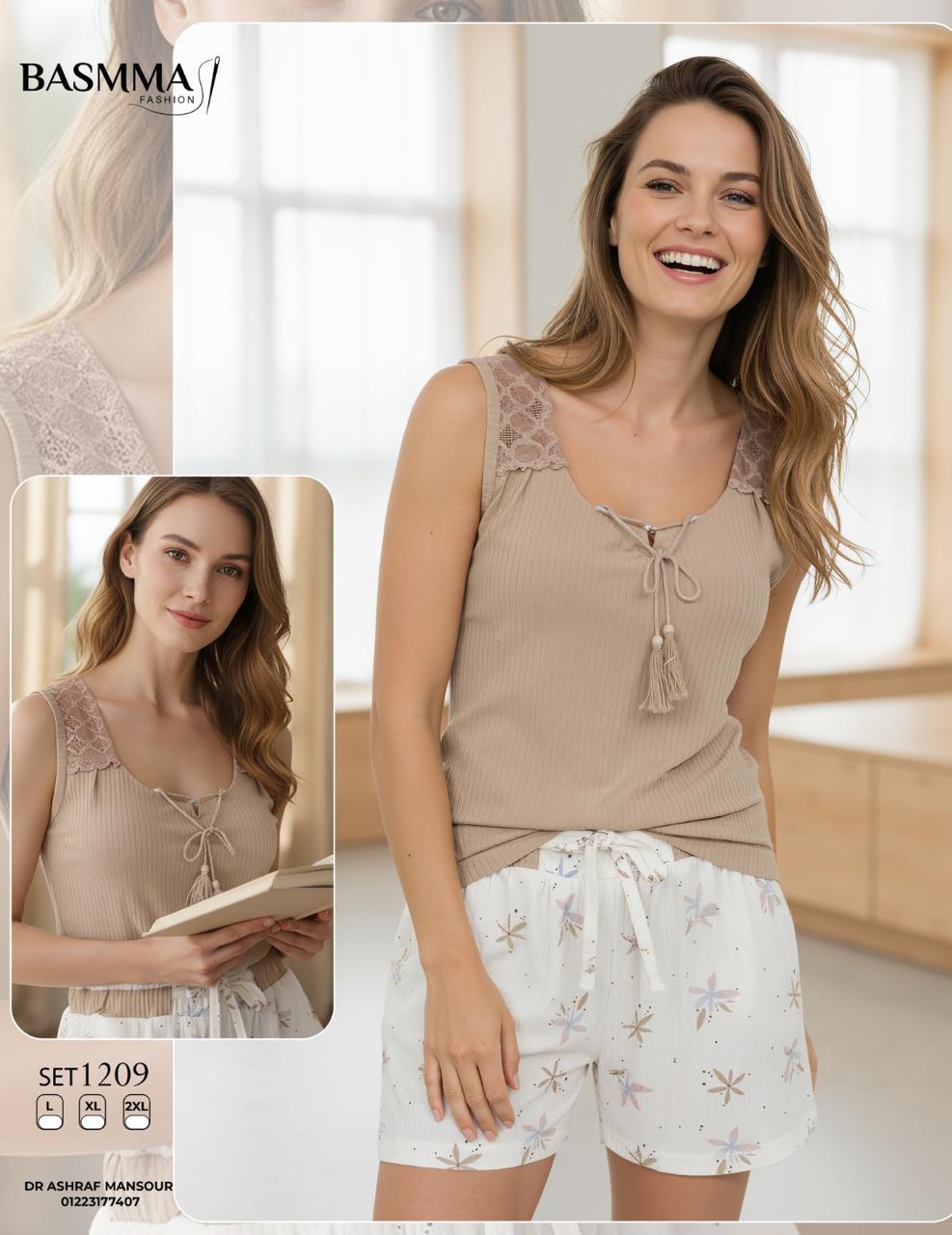Basmma Fashion - Lace-Strap Top & Floral Shorts Set | طقم توب دانتيل وشورت مزهّر