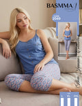 Basmma Fashion - Blue Rose Buttoned Cami & Printed Capri Set | طقم كاميه بأزرار وكابري مطبوع