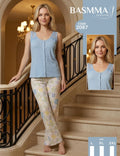 Basmma Fashion - Lace-Shoulder Ribbed Tank & Floral Pants Set | طقم تانك مضلّع بدانتيل وبنطلون مزهّر
