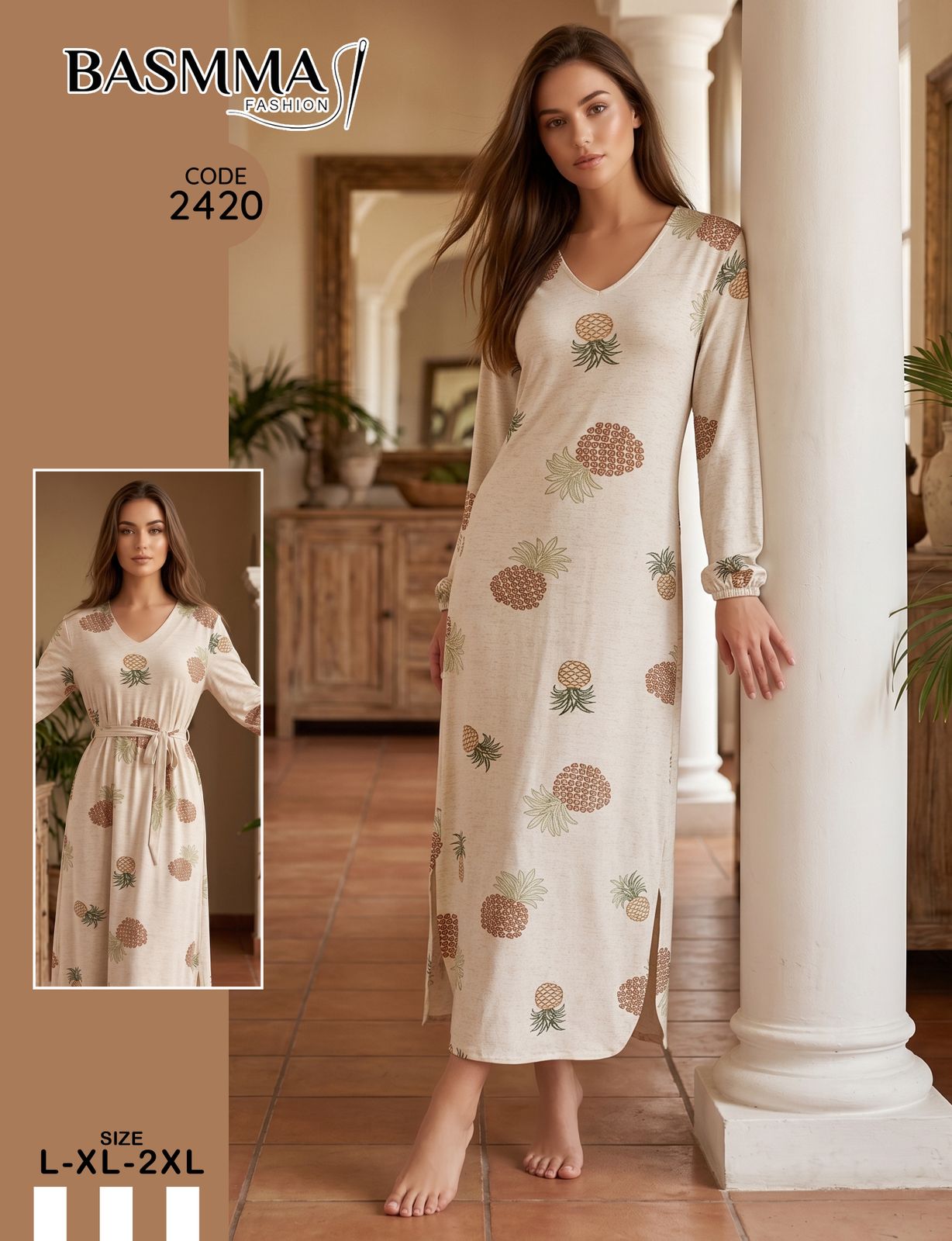 Basmma Fashion - Pineapple Print Belted Maxi Nightgown | قميص نوم طويل بطبعة أناناس وحزام