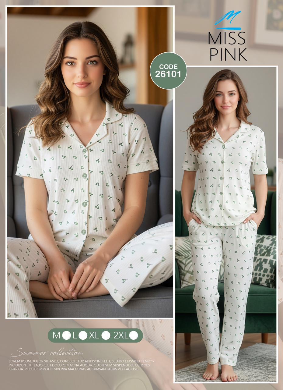 Miss Pink - Cherry Blossom Button-Down Pajama Set | طقم بيجاما كرز كلاسيك