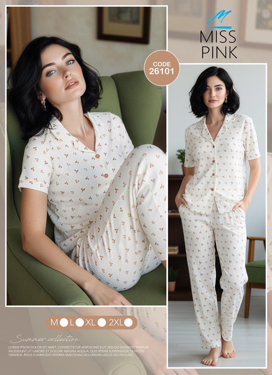 Miss Pink - Cherry Blossom Button-Down Pajama Set | طقم بيجاما كرز كلاسيك
