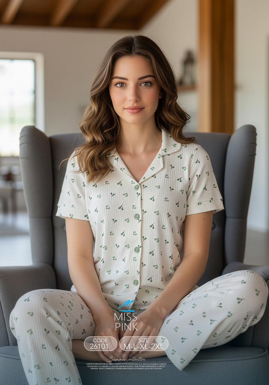 Miss Pink - Cherry Blossom Button-Down Pajama Set | طقم بيجاما كرز كلاسيك