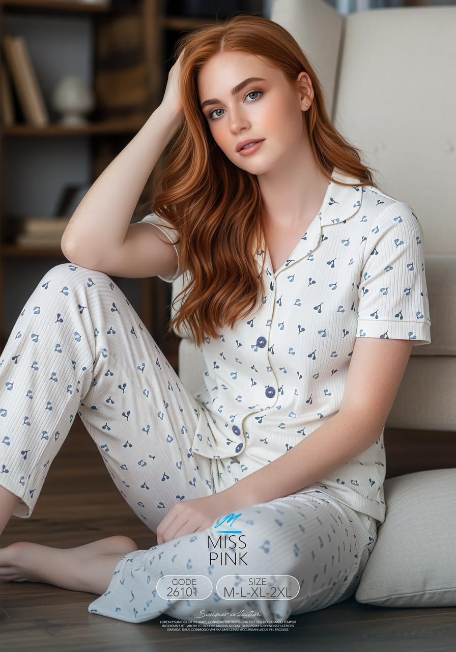 Miss Pink - Cherry Blossom Button-Down Pajama Set | طقم بيجاما كرز كلاسيك