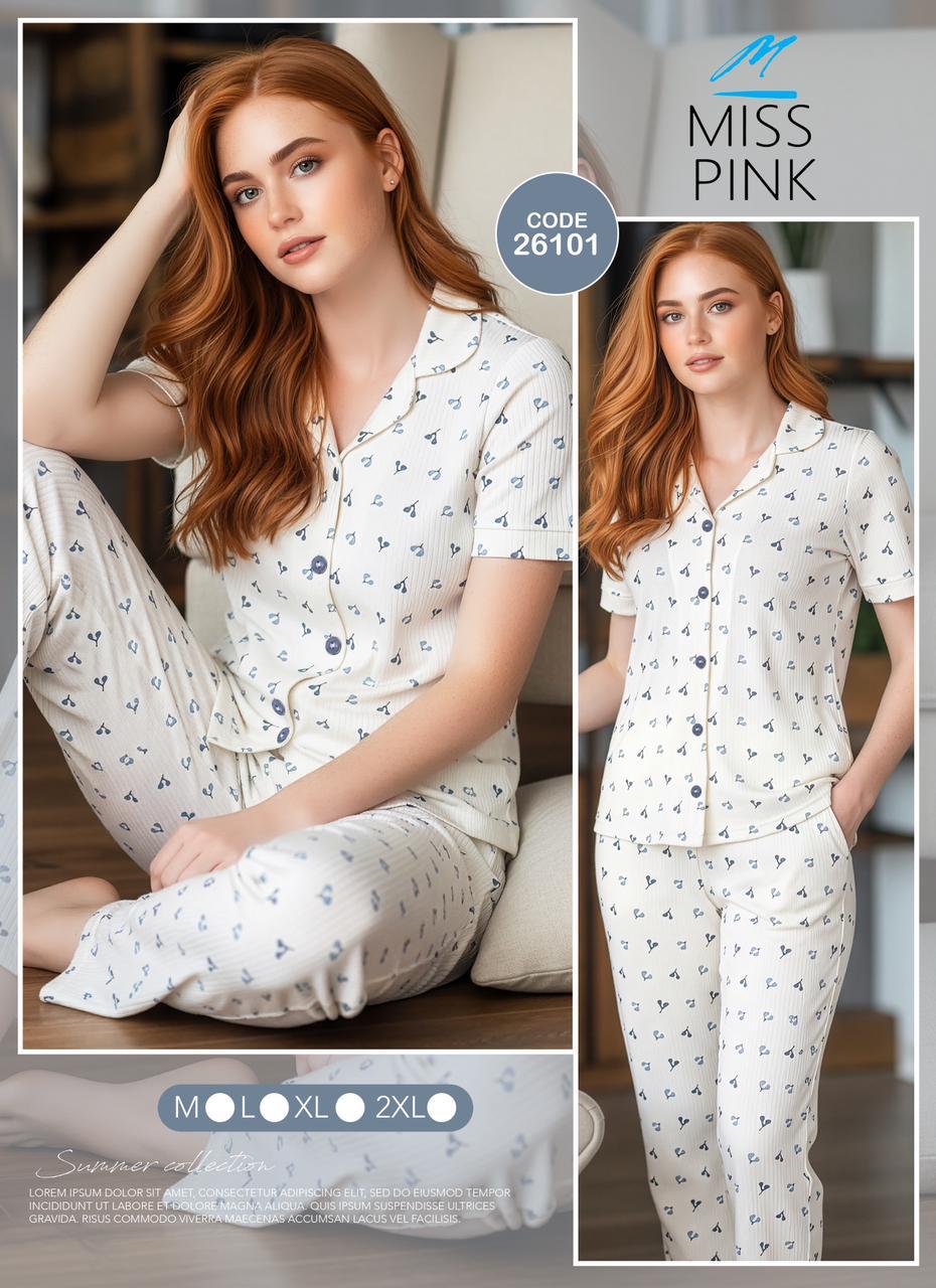 Miss Pink - Cherry Blossom Button-Down Pajama Set | طقم بيجاما كرز كلاسيك