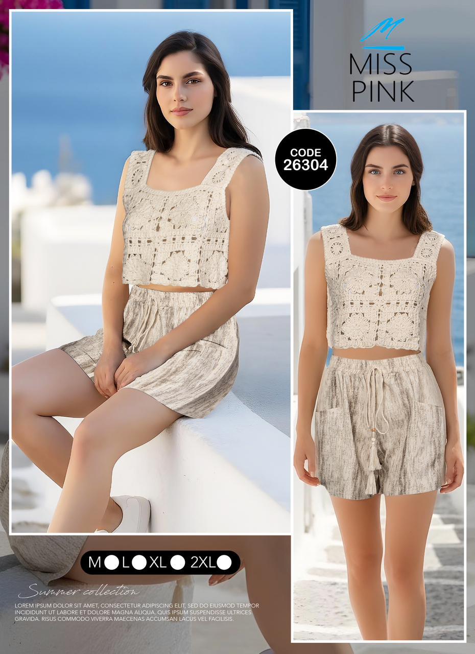 Miss Pink - Crochet Crop Top & Shorts Set | طقم كروشيه توب وشورت