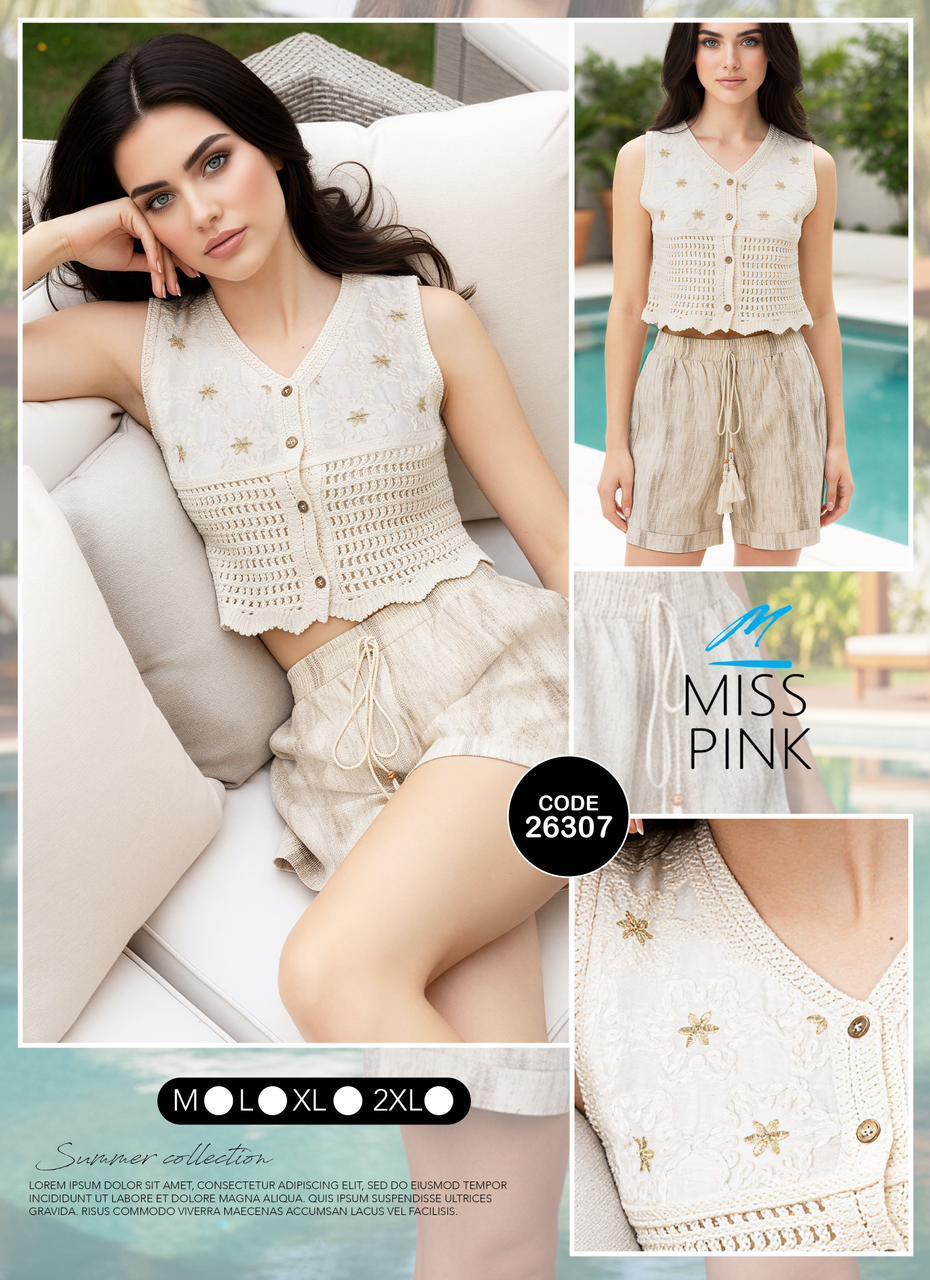 Miss Pink - Embroidered Crochet Vest & Shorts Set | طقم فيست كروشيه مطرز وشورت