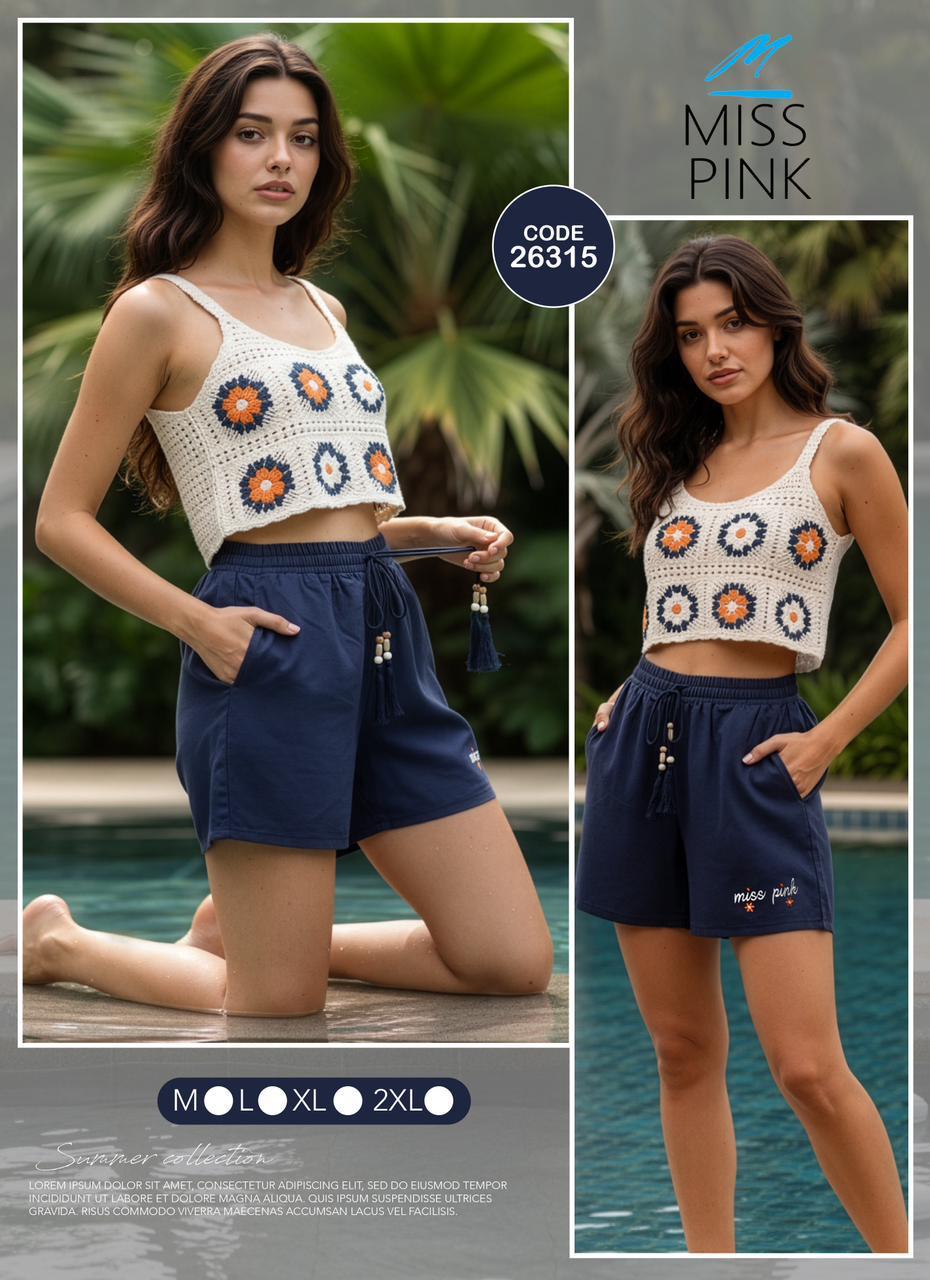 Miss Pink - Granny Square Crochet Top & Shorts Set | طقم كروشيه مربعات وشورت كحلي