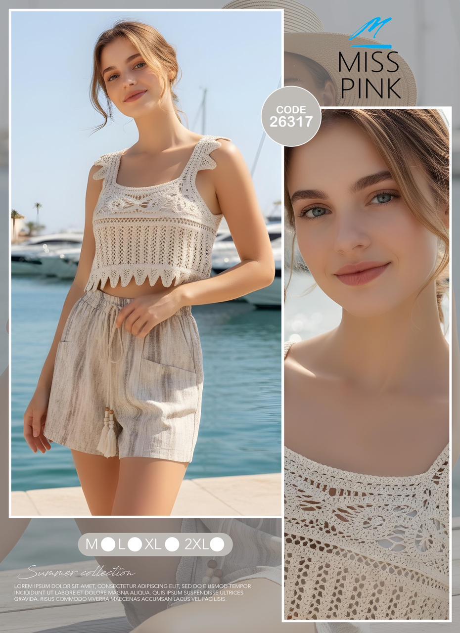 Miss Pink - Cream Crochet Top & Shorts Set | طقم كروشيه كريمي توب وشورت