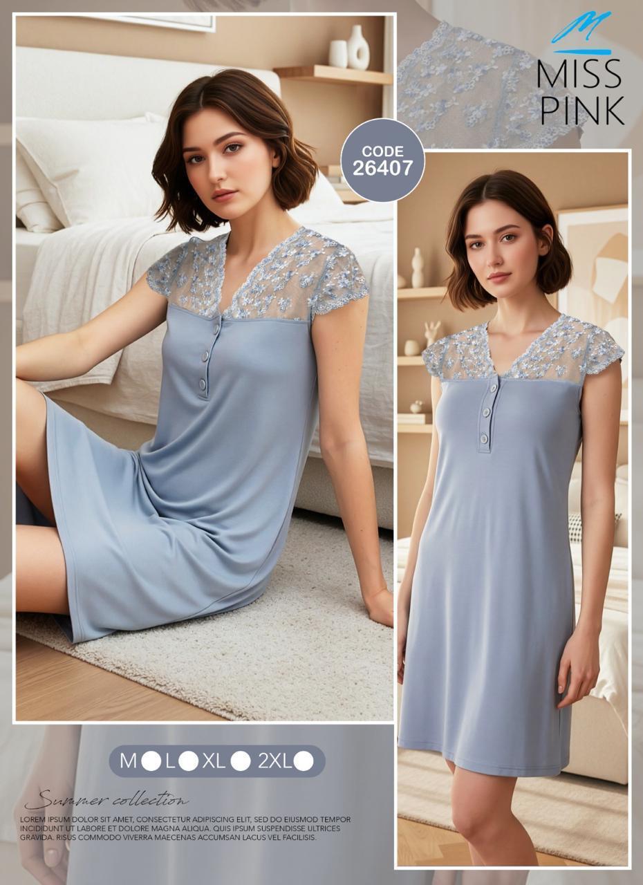Miss Pink - Lace-Yoke Nightgown | قميص نوم بدانتيل