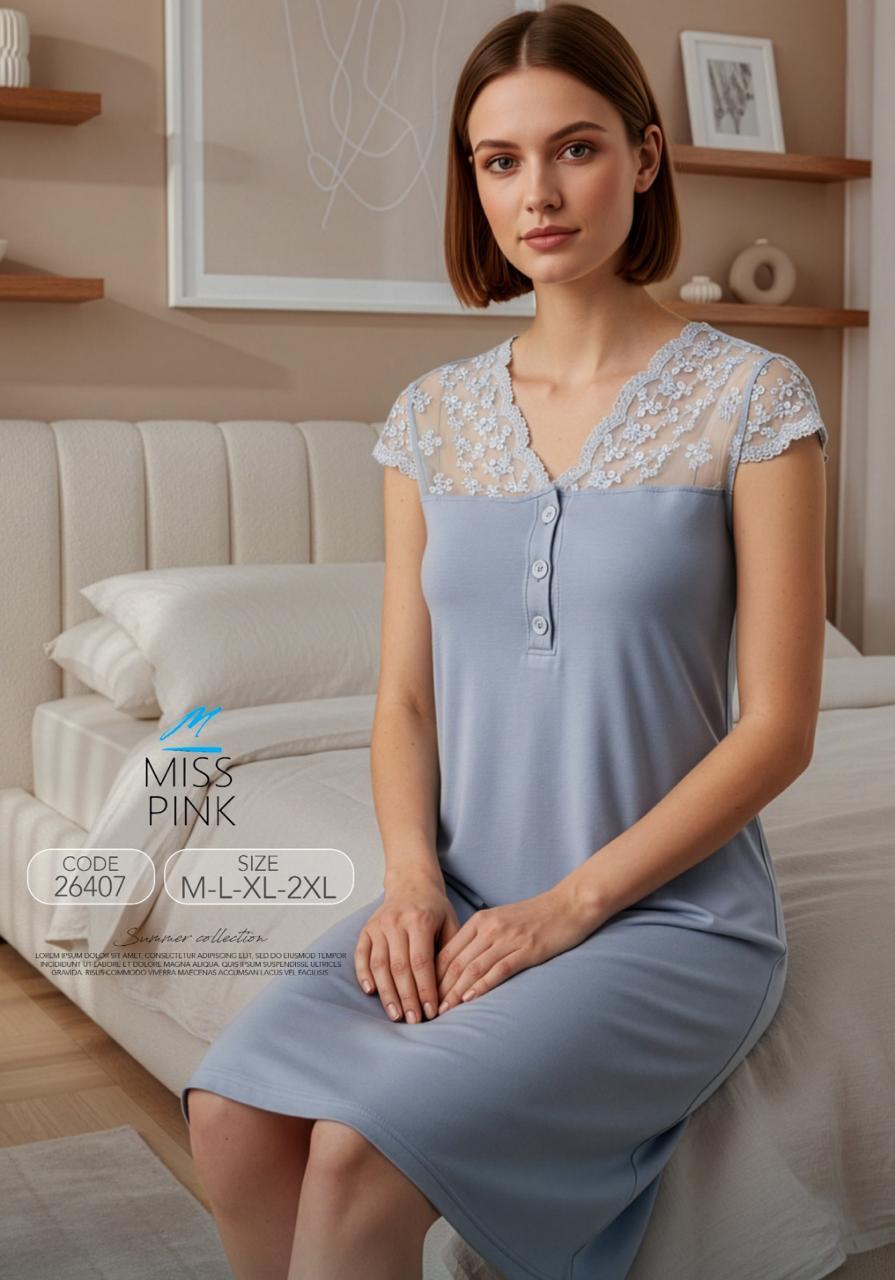 Miss Pink - Lace-Yoke Nightgown | قميص نوم بدانتيل