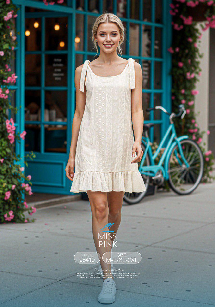 Miss Pink - Tie-Shoulder Eyelet Mini Dress | فستان ميني بفيونكات