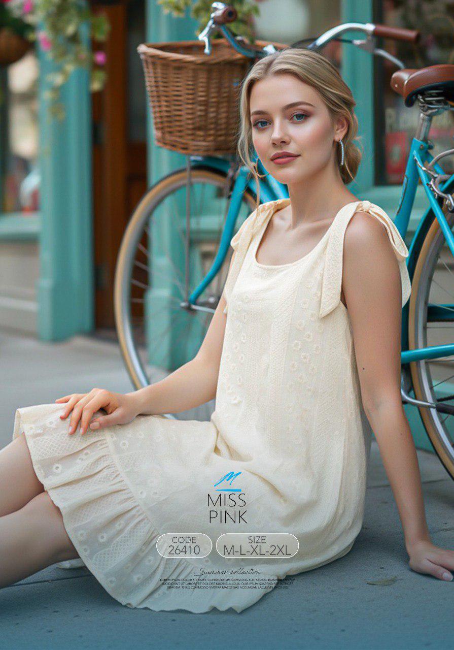 Miss Pink - Tie-Shoulder Eyelet Mini Dress | فستان ميني بفيونكات