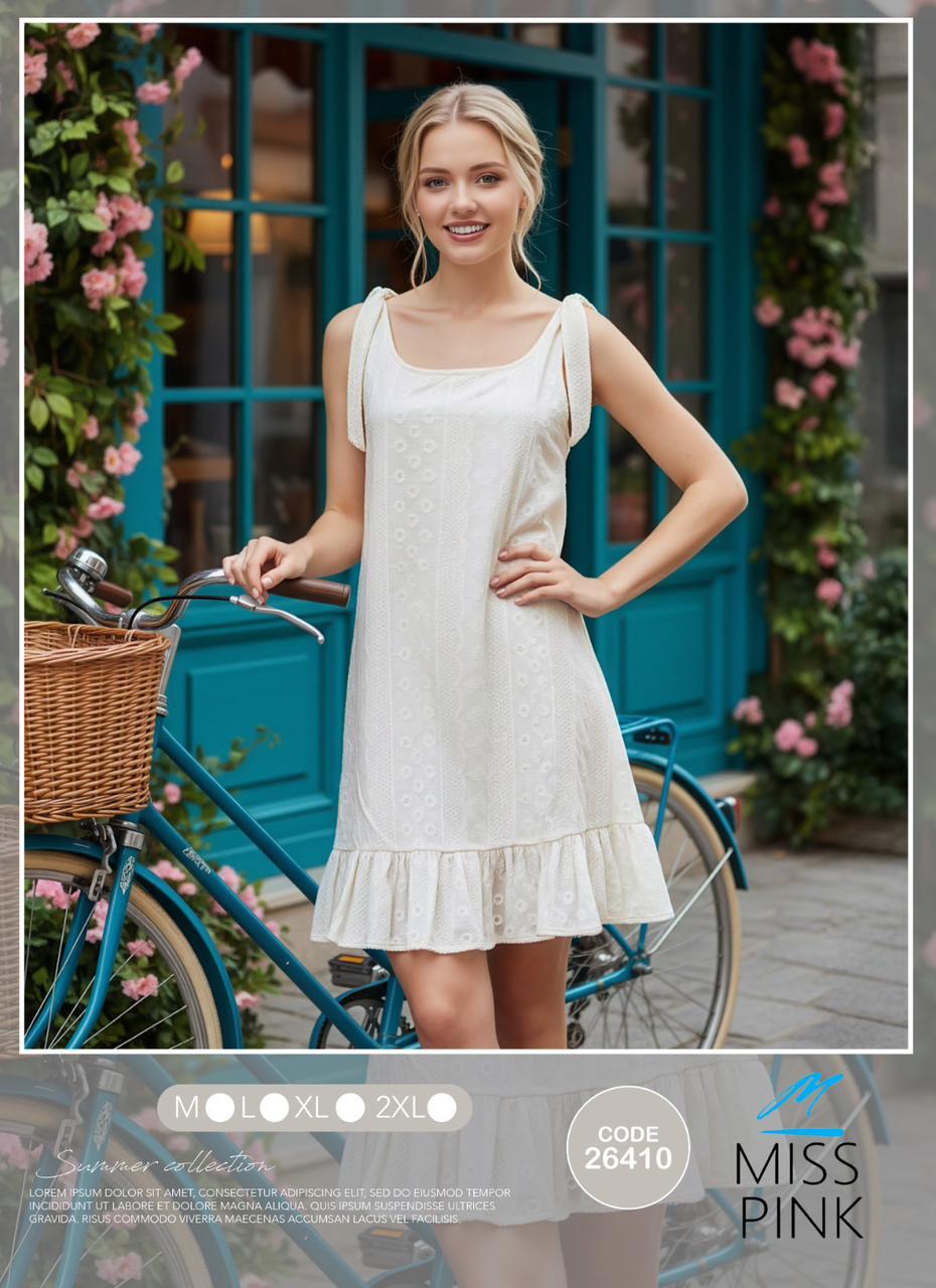 Miss Pink - Tie-Shoulder Eyelet Mini Dress | فستان ميني بفيونكات