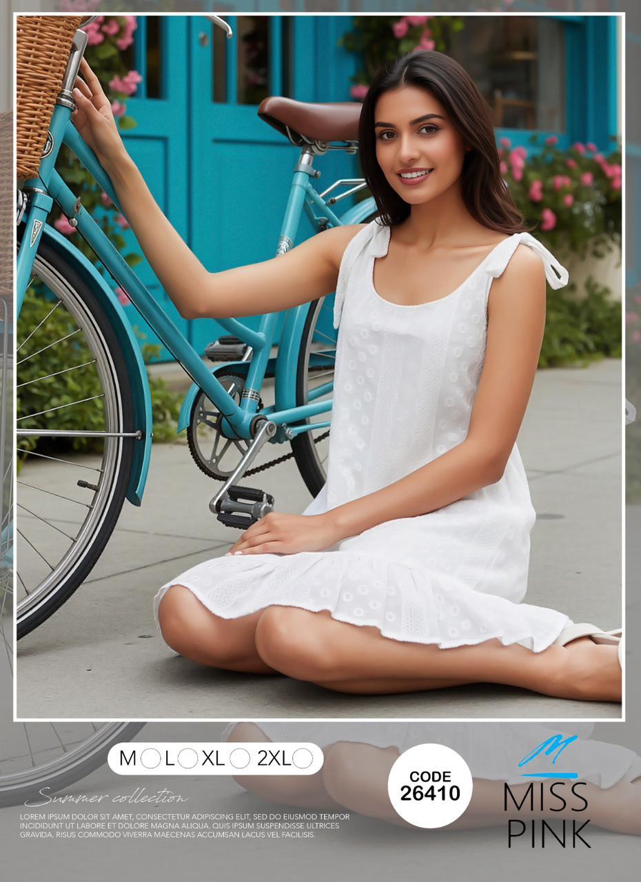 Miss Pink - Tie-Shoulder Eyelet Mini Dress | فستان ميني بفيونكات
