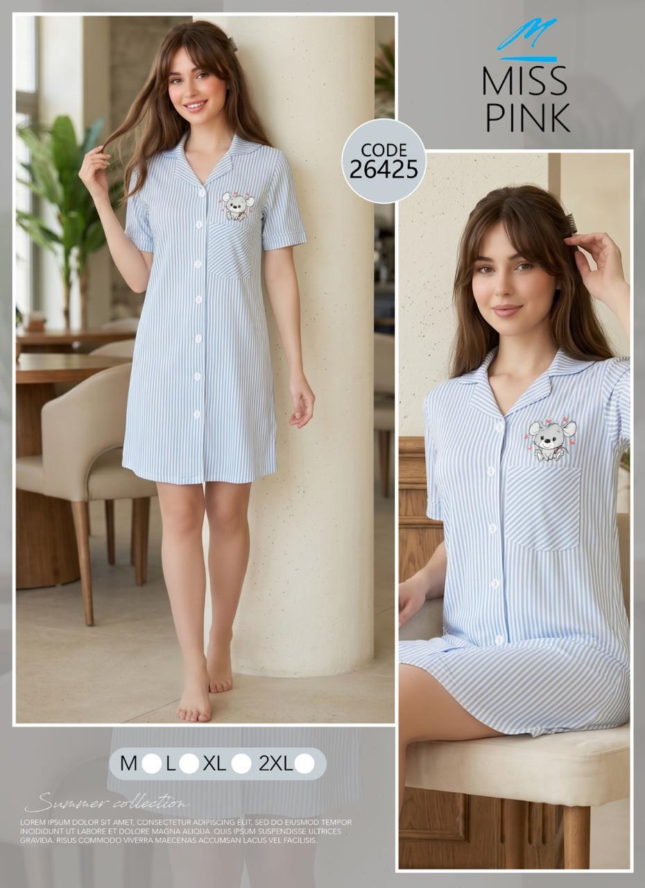 Miss Pink - Striped Mouse Nightshirt | قميص نوم مقلّم بطبعة فأر