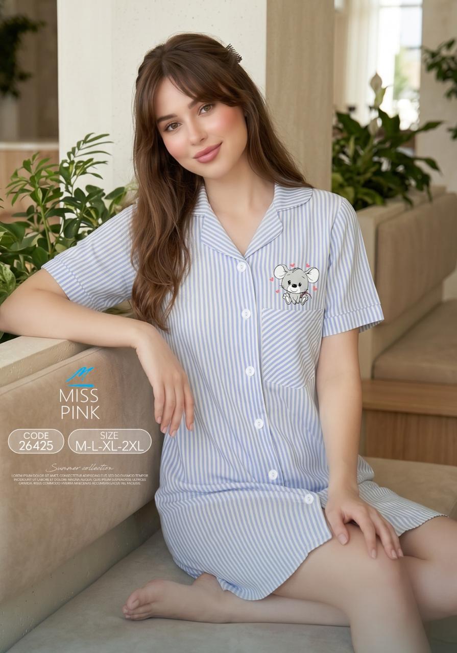 Miss Pink - Striped Mouse Nightshirt | قميص نوم مقلّم بطبعة فأر