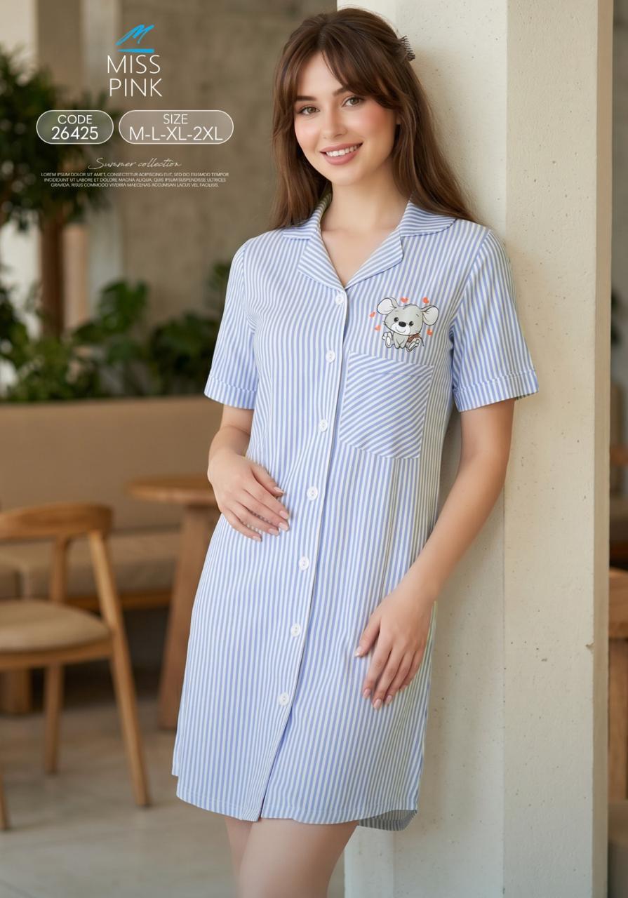Miss Pink - Striped Mouse Nightshirt | قميص نوم مقلّم بطبعة فأر