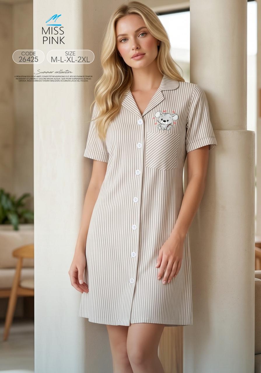 Miss Pink - Striped Mouse Nightshirt | قميص نوم مقلّم بطبعة فأر