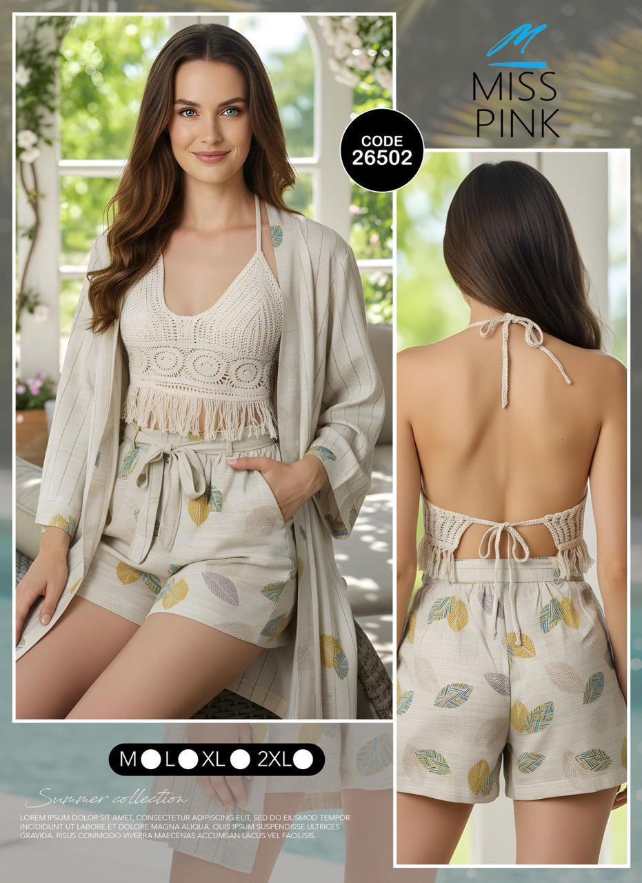 Miss Pink - 3-Piece Kimono & Crochet Set | طقم 3 قطع كيمونو وكروشيه