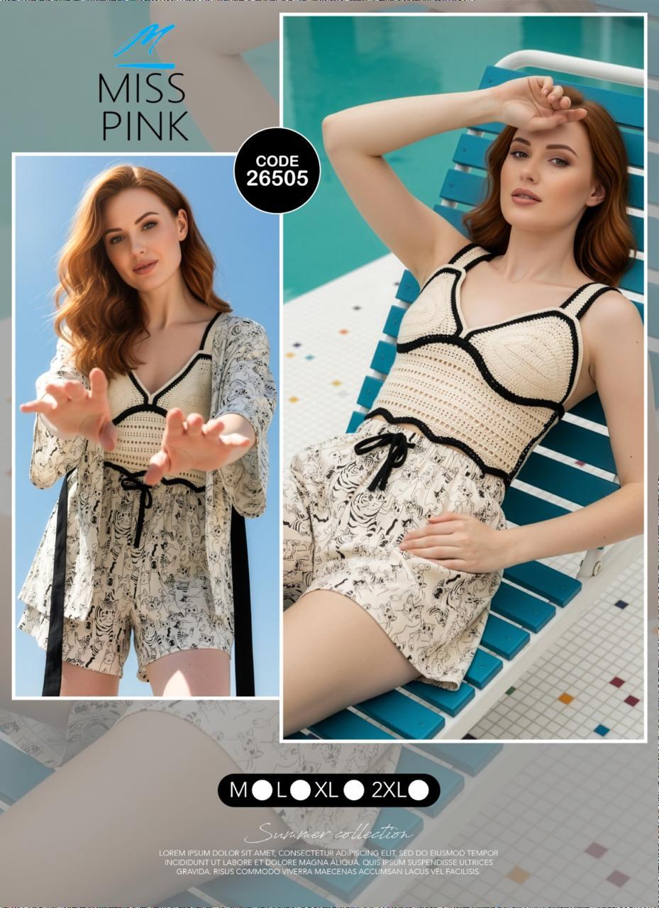 Miss Pink - 3-Piece Crochet Bralette Set | طقم 3 قطع كروشيه بكيمونو